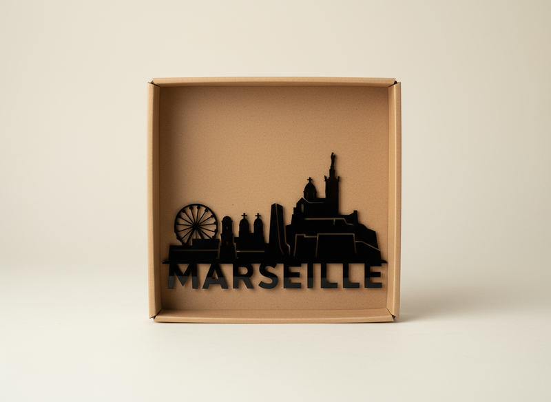 Décoration Murale Skyline Marseille – Plexiglas Noir Brillant (25 x 15 cm – Épaisseur 3 mm)