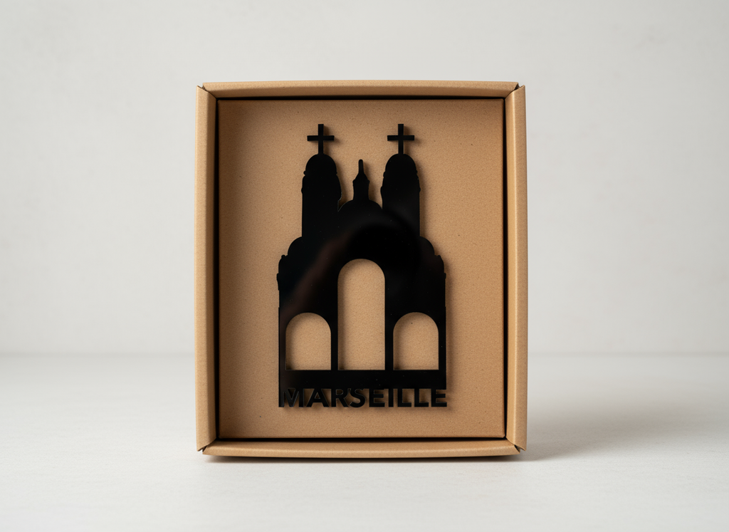 Décoration Murale Skyline La Major Marseille – Plexiglas Noir Brillant (15x 25 cm – Épaisseur 3 mm) 