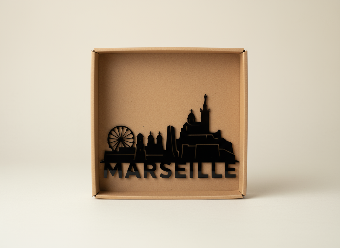 Décoration Murale Skyline Marseille – Plexiglas Noir Brillant (25 x 15 cm – Épaisseur 3 mm)
