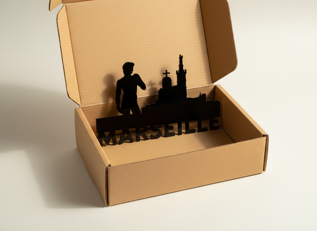 Skyline de Marseille et sa statue David en plexiglass noir brillant 3 mm