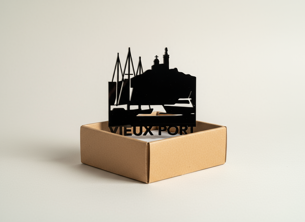 Skyline Vieux-Port de Marseille » – Plexiglas Noir Brillant 18×18cm (version simplifiée)